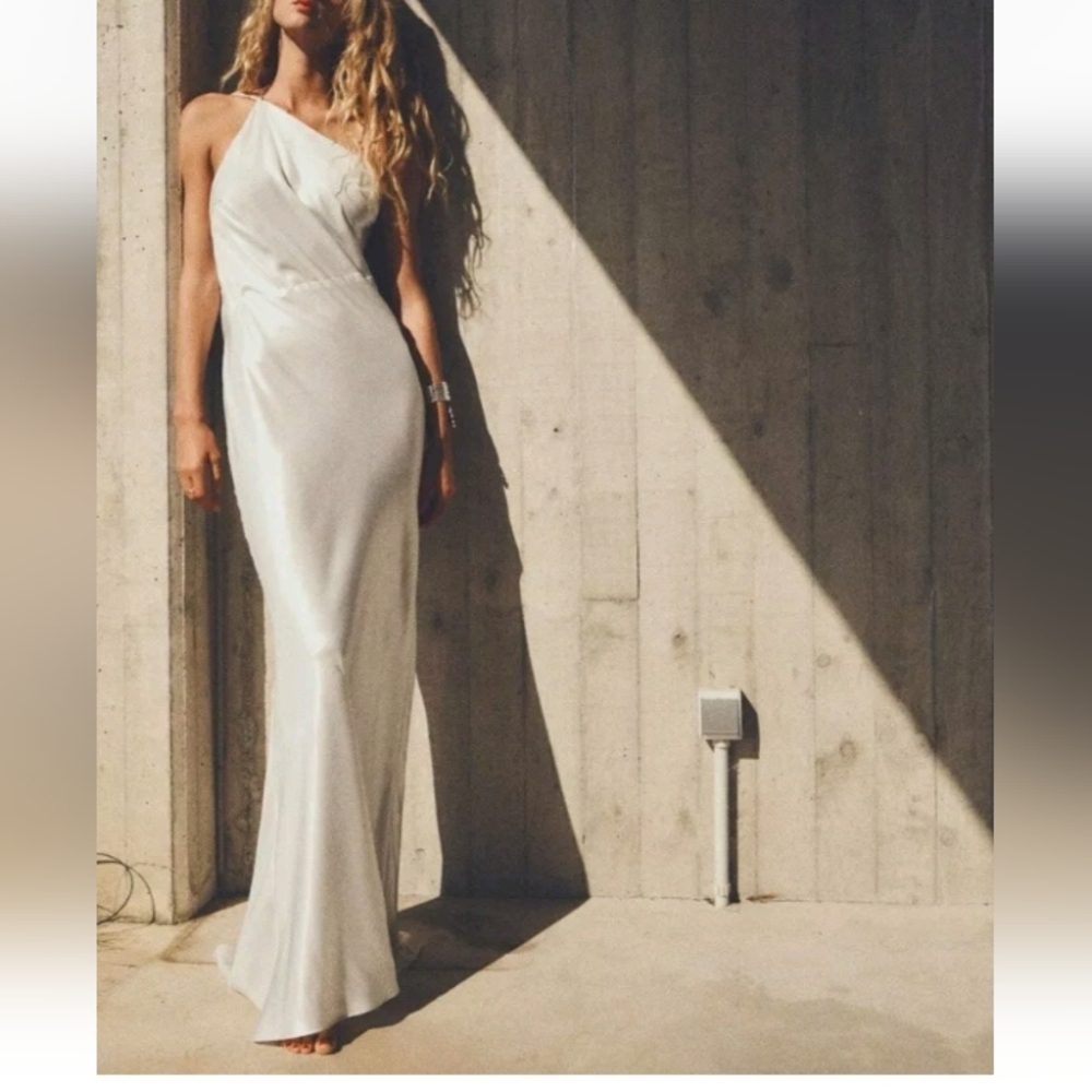 Zara Elegant Long Asymmetric Foil Evening Festive Prom Wedding Guest Gown